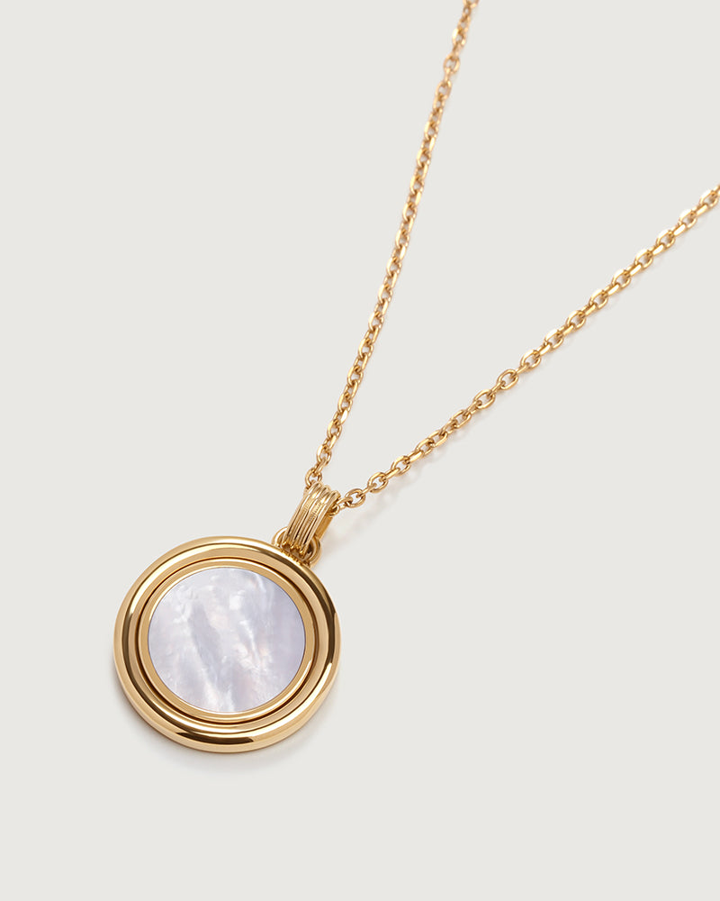 Mother of Pearl Coin Spinner Necklace Gold Plated